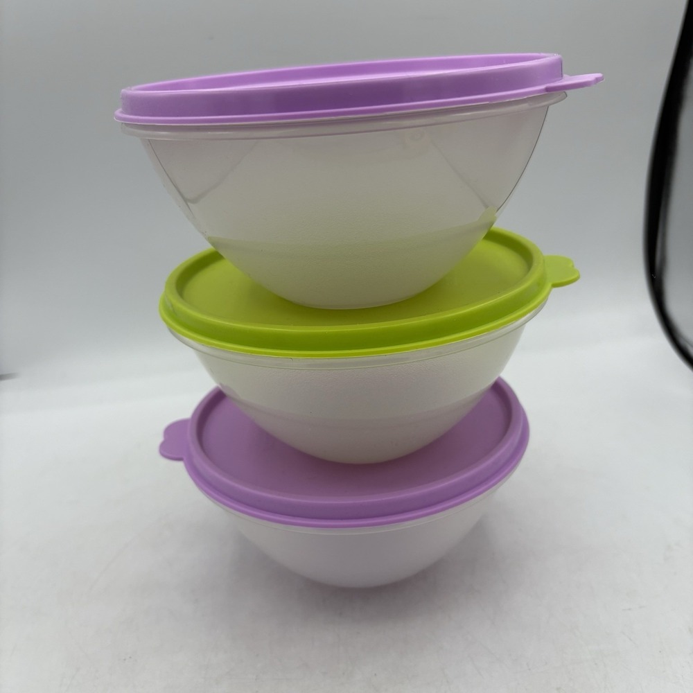 Tupperware Wonderlier Bowls Nesting w Purple Green Seal Lids 2 Cups Lot of 3